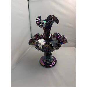 Fenton Amethyst Carnival Diamond Lace Epergne One Horn With Original Box